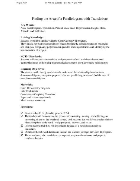 Finding the Area of a Parallelogram with Translations Lesson Plan
