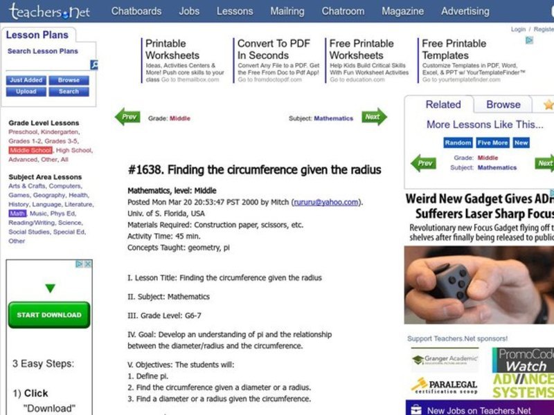 Finding The Circumference Given The Radius Lesson Plan