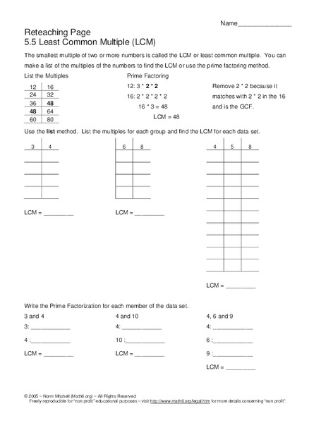 Finding the Least Common Multiple Worksheet