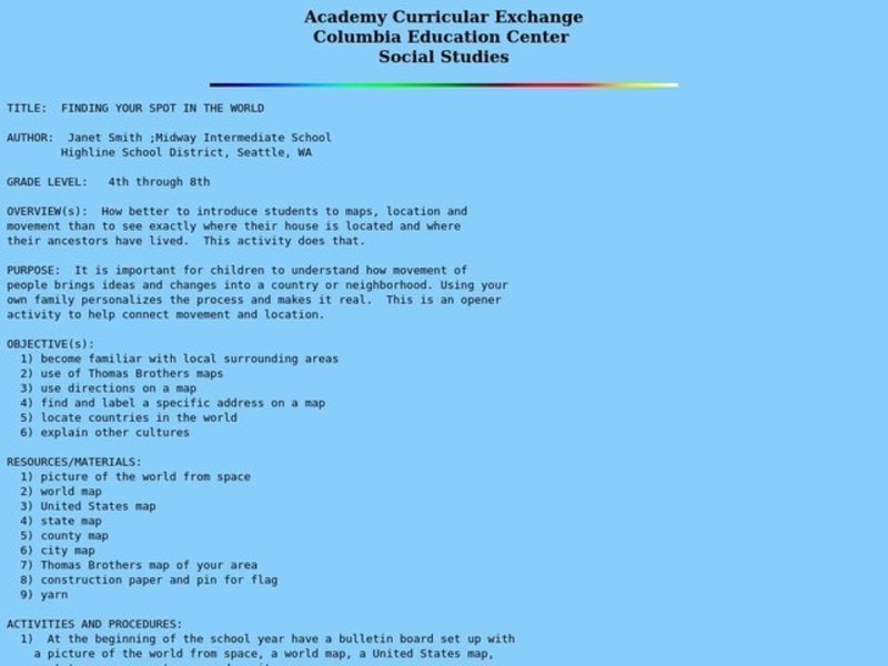 Finding Your Spot in the World Lesson Plan