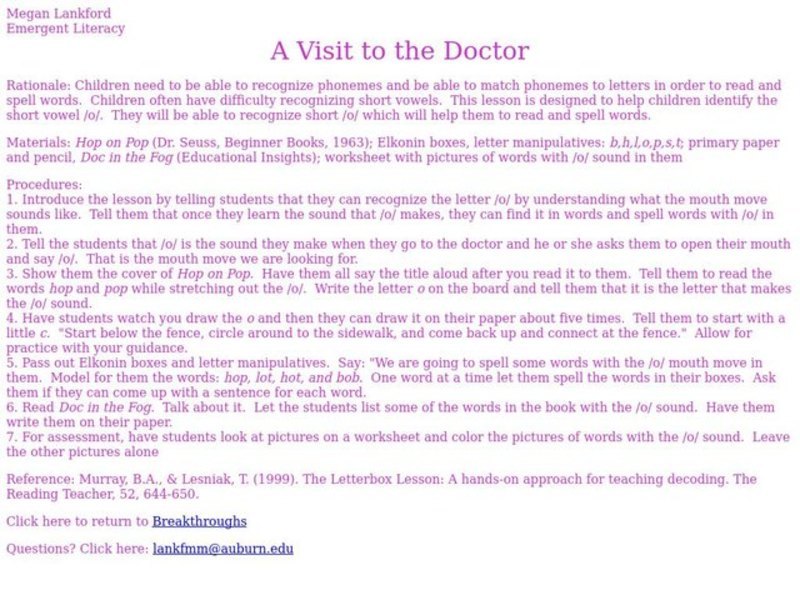 A Visit to the Doctor Lesson Plan