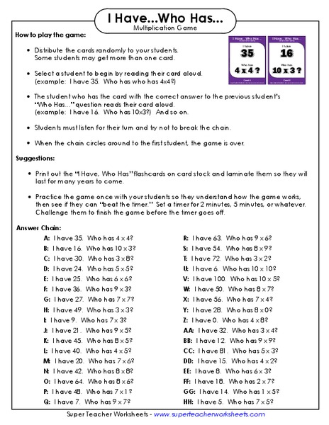 I Have...Who Has...Multiplication Game Activity