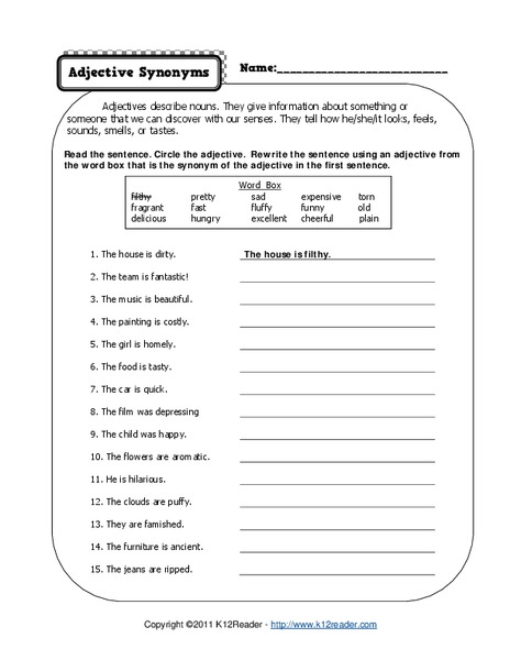 Adjective Synonyms Worksheet