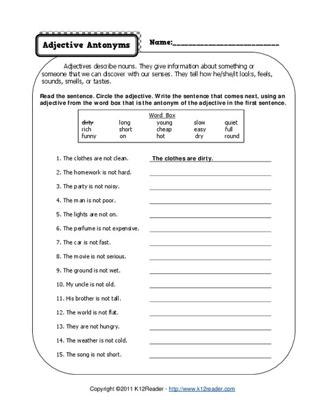 Adjective Antonyms Worksheet