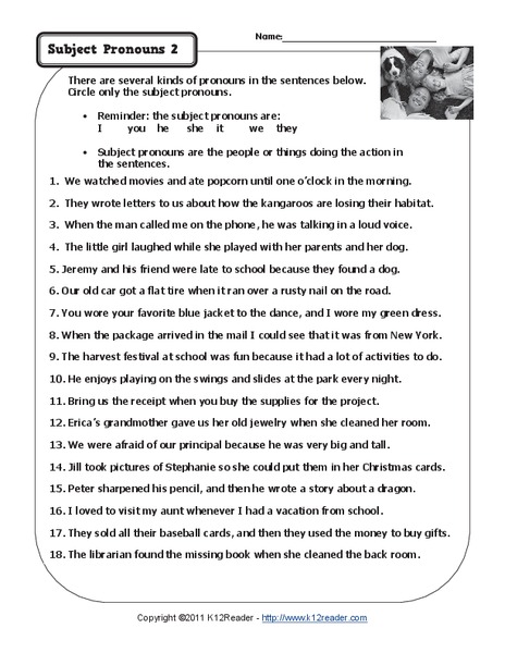 Subject Pronouns Worksheet Two Worksheet