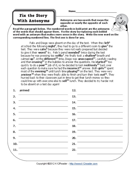 Fix the Story with Antonyms Worksheet