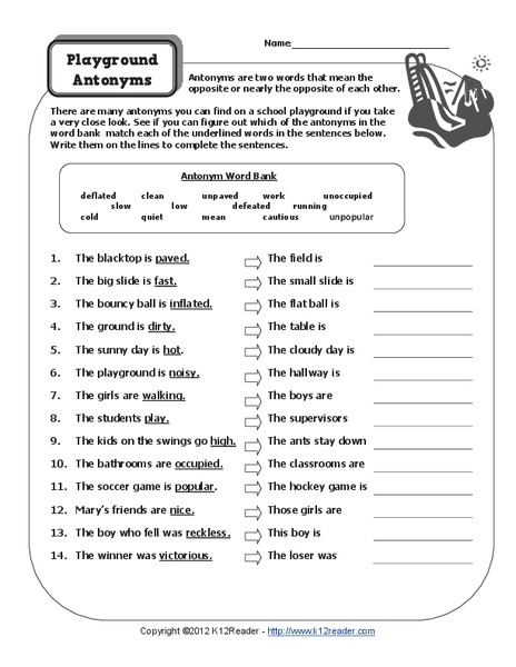 Playground Antonyms Worksheet