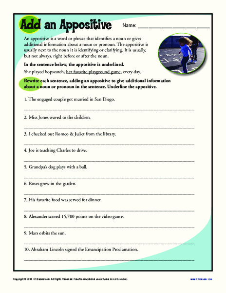 Add an Appositive Worksheet