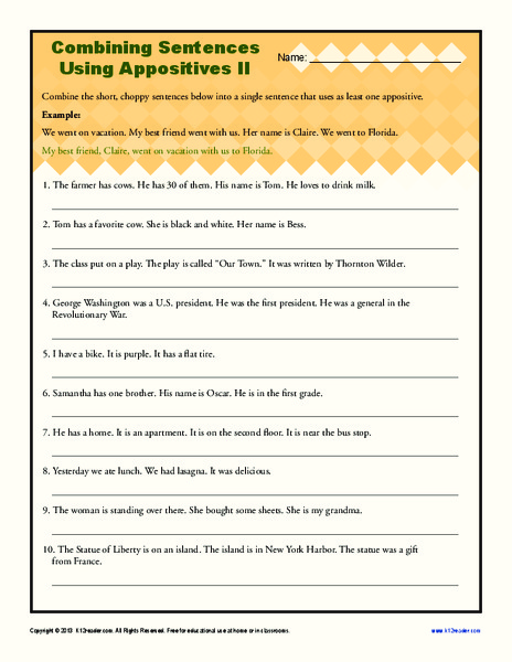 Combining Sentences Using Appositives II Worksheet