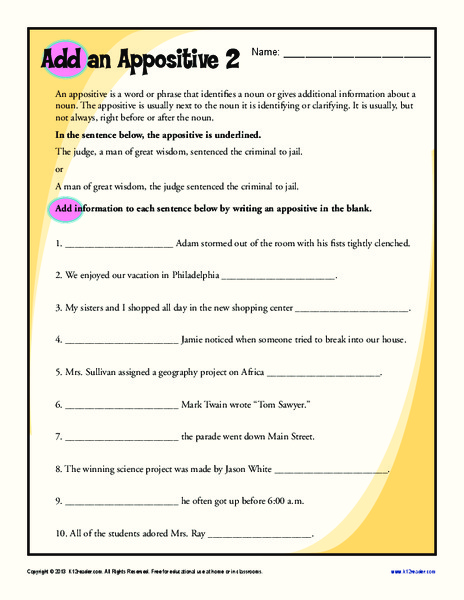 Add an Appositive 2 Worksheet