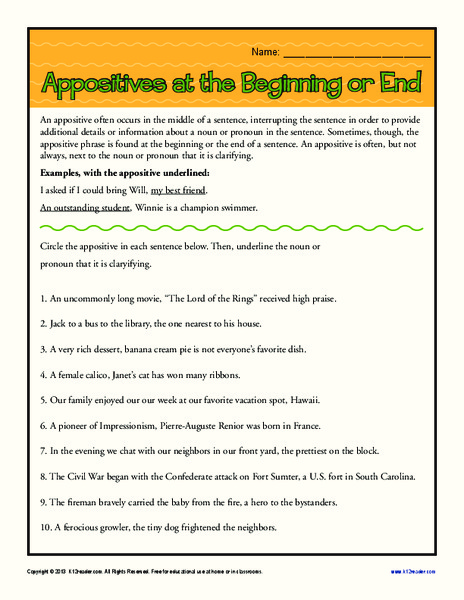 Appositives at the Beginning or End Worksheet