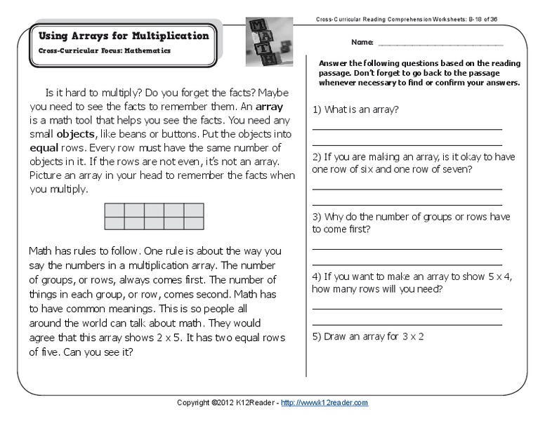Using Arrays for Multiplication Worksheet