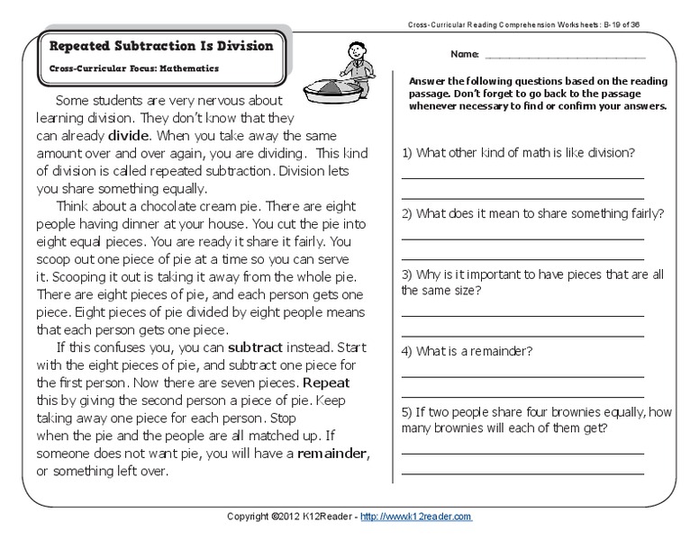 Repeated Subtraction Is Division Worksheet