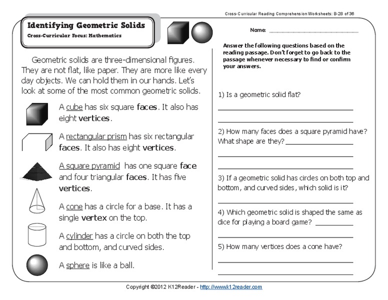 Identifying Geometric Solids Worksheet
