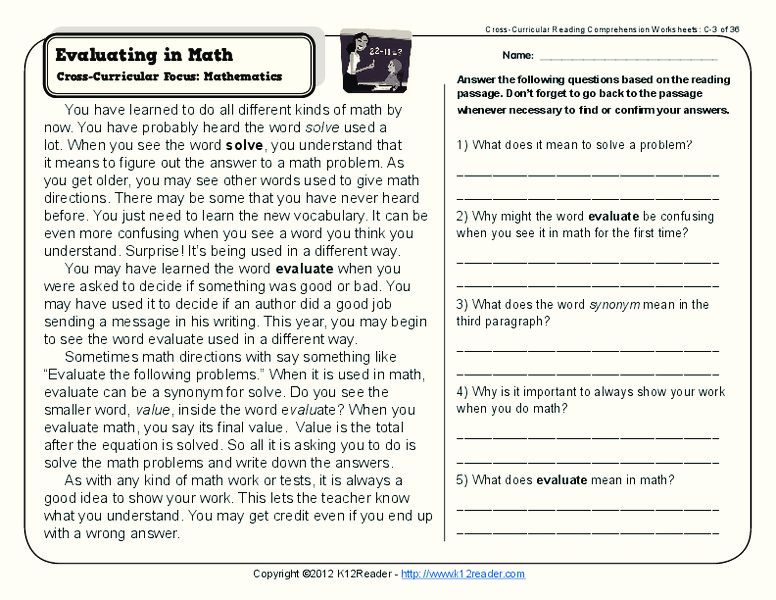 Evaluating in Math Worksheet