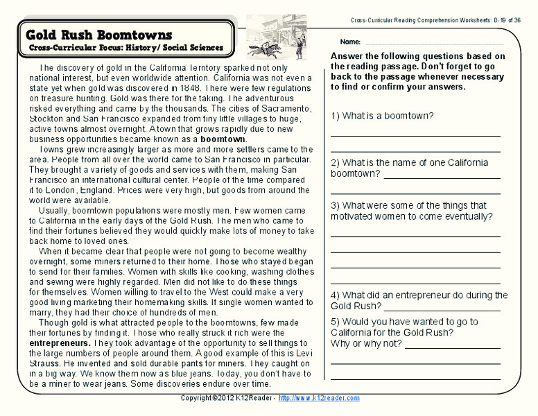 Gold Rush Boomtowns Worksheet