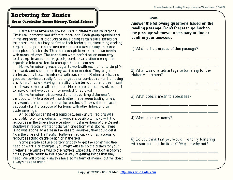 Bartering for Basics Worksheet