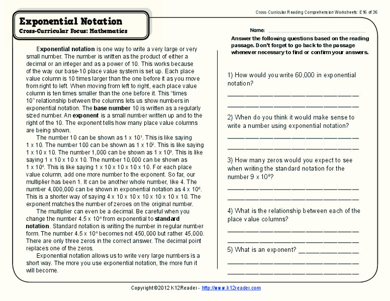 Exponential Notation Worksheet