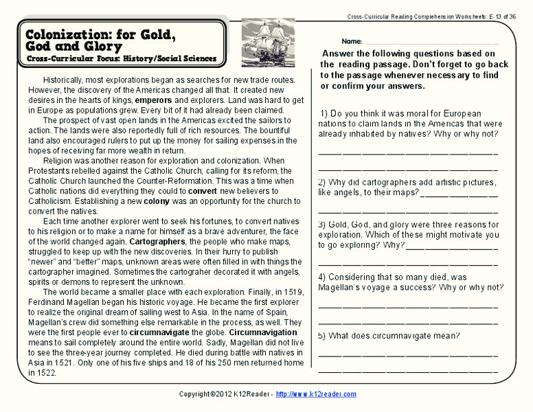 Colonization: for Gold, God, and Glory Worksheet