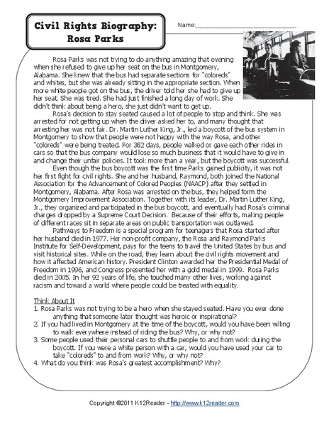 Civil Rights Biography: Rosa Parks Worksheet
