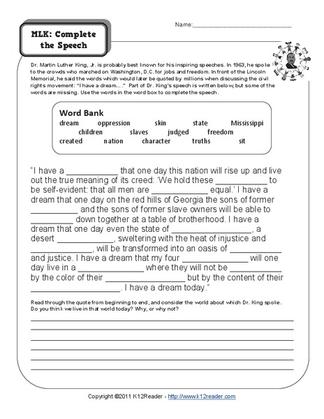 MLK: Complete the Speech Writing