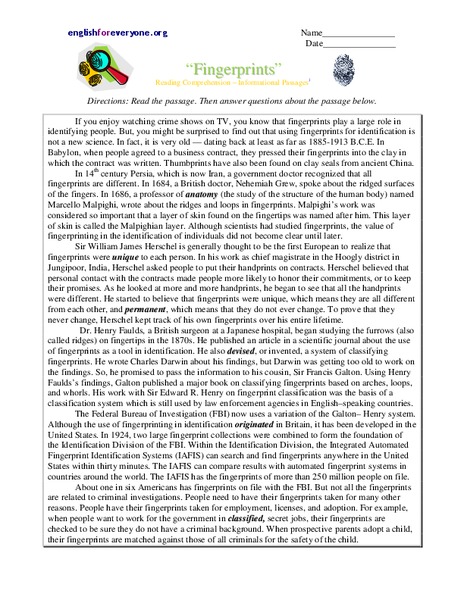 Fingerprints Worksheet