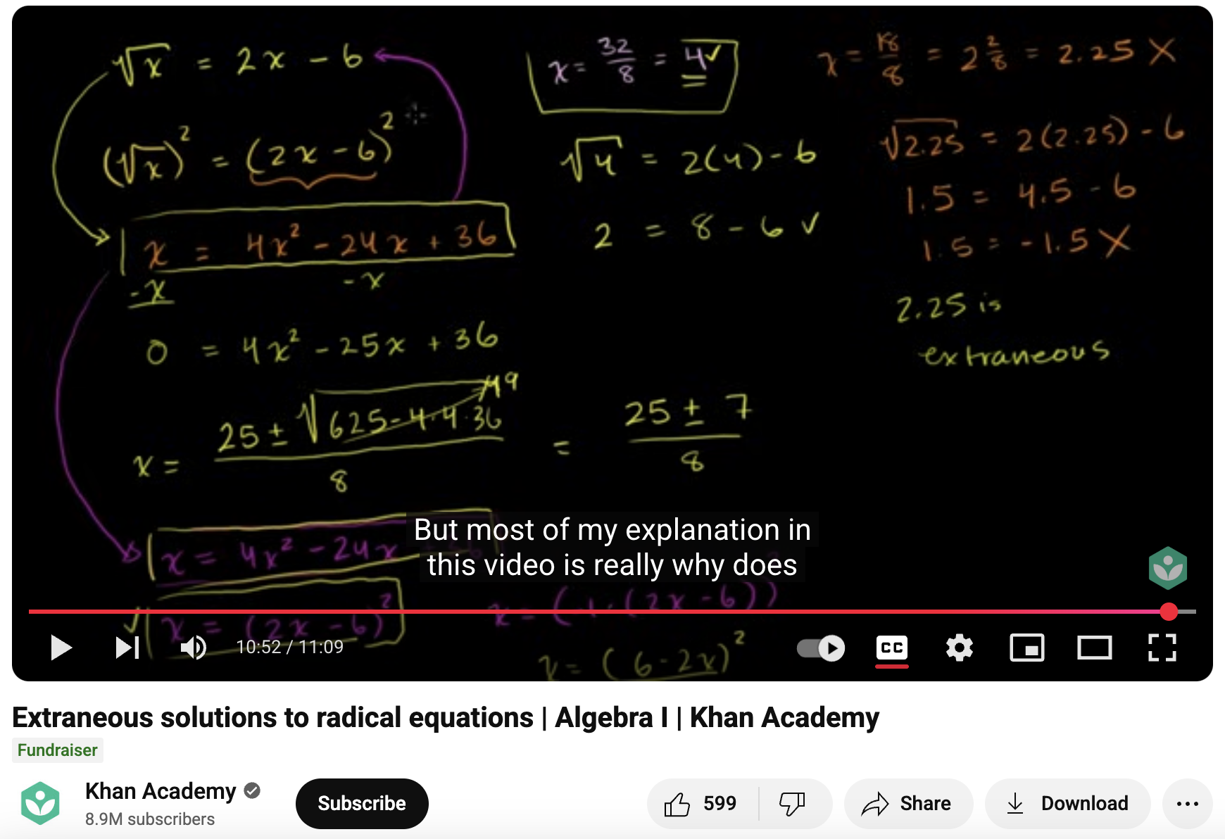 Extraneous Solutions to Radical Equations, Algebra I Instructional Video