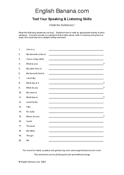 Finish the Sentences Worksheet