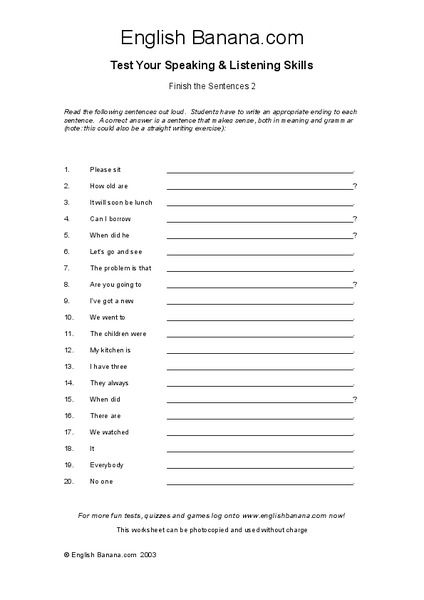 Finish the Sentences Worksheet