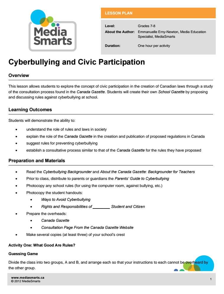 Cyberbullying and Civic Participation Lesson Plan