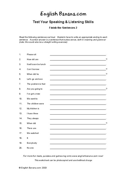 Finish the Sentences 2 Worksheet