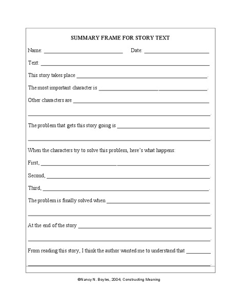 Summary Frame for Story Text and Informational Text Printables