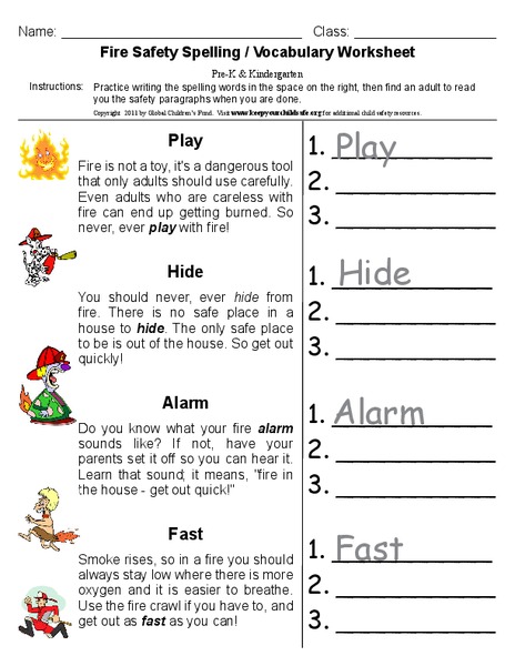Fire Safety Spelling / Vocabulary Worksheet Worksheet