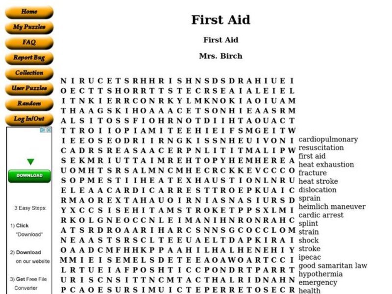 First Aid Worksheet