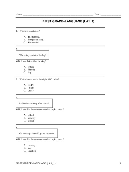 First Grade Language Worksheet
