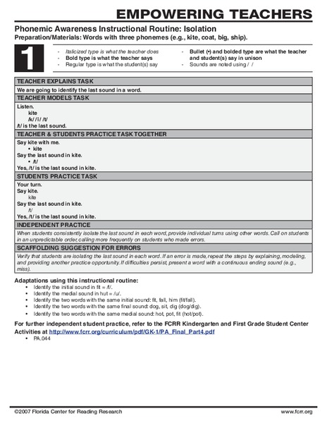 Phonemic Awareness Instructional Routine: Isolation Lesson Plan