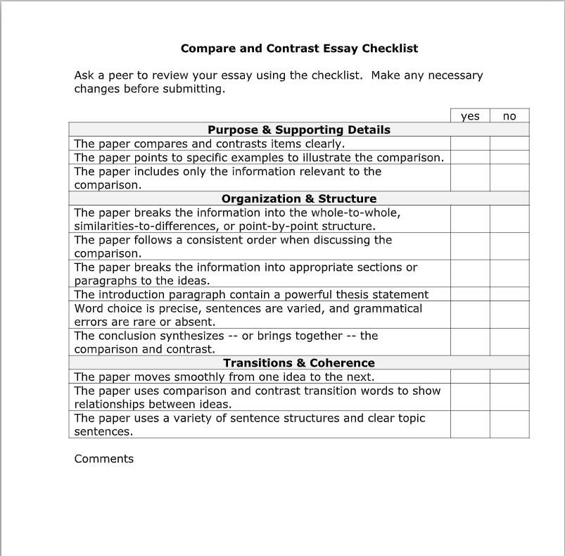 Compare and Contrast Essay Checklist Organizer