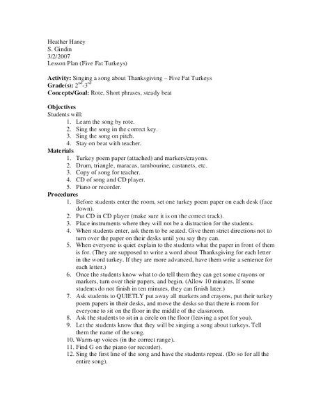 Five Fat Turkeys Lesson Plan