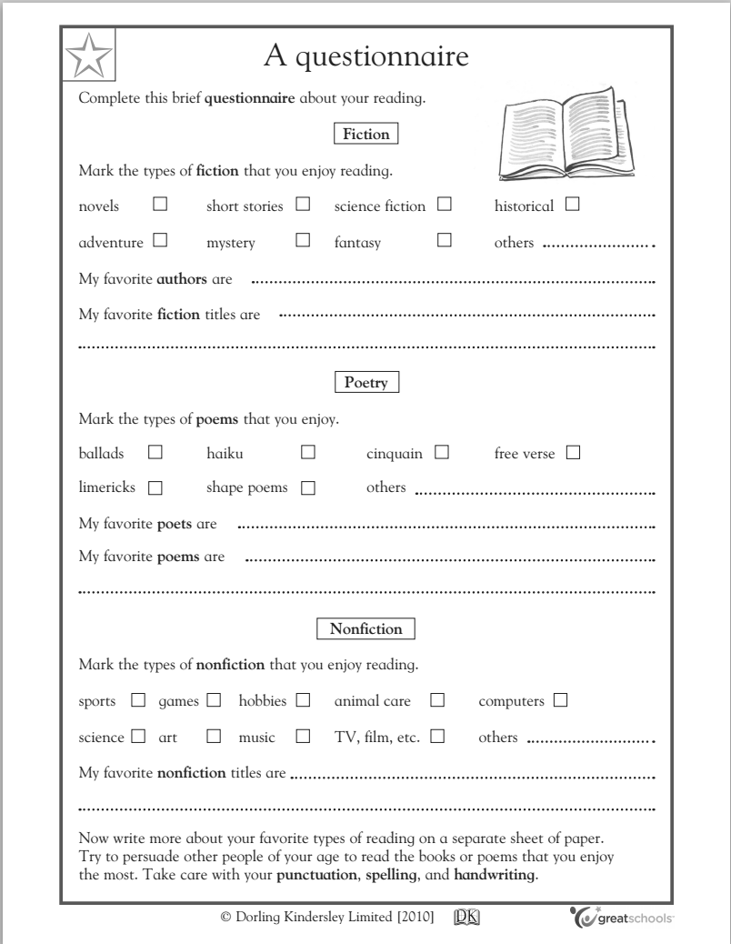 A Questionnaire: What Do You Like to Read? Worksheet