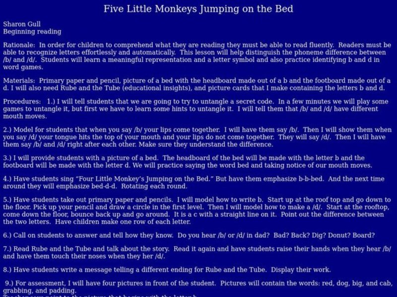 Five Little Monkeys Jumping on the Bed Lesson Plan