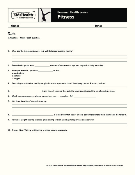 Quiz: Fitness (Grades 6 to 8) Assessment