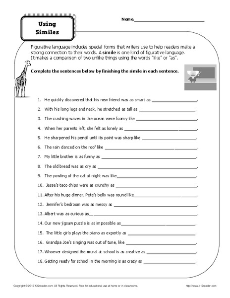 Using Similes Worksheet