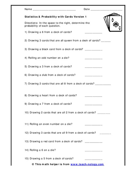 Statistics & Probability with Cards Worksheet