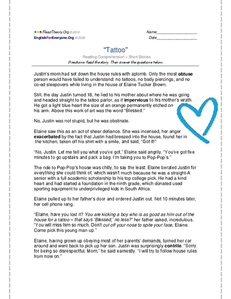 Reading Comprehension - Short Stories Worksheet