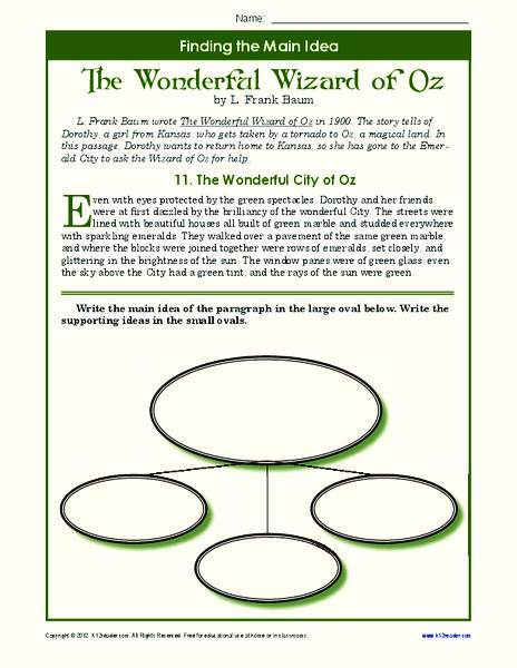 Find the Main Idea: The Wonderful Wizard of Oz Worksheet