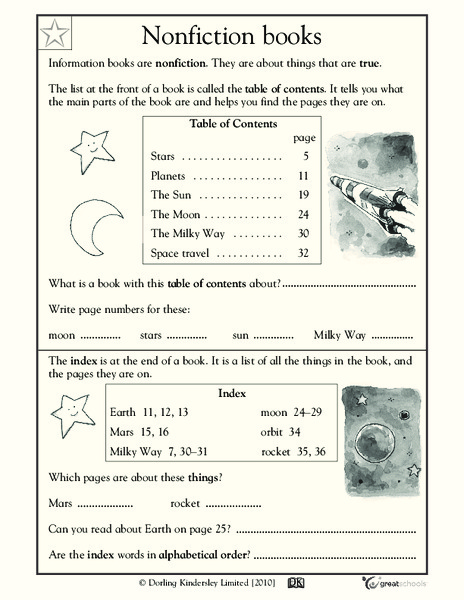 Nonfiction Books: Table of Contents and Index Worksheet