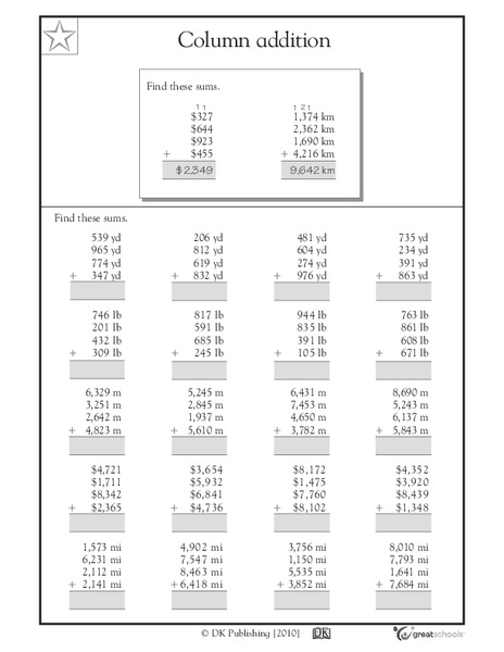Column Addition, 3-Digit and 4-Digit Numbers Worksheet