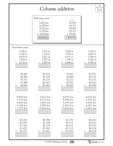 Column Addition, 4-Digit Numbers Worksheet