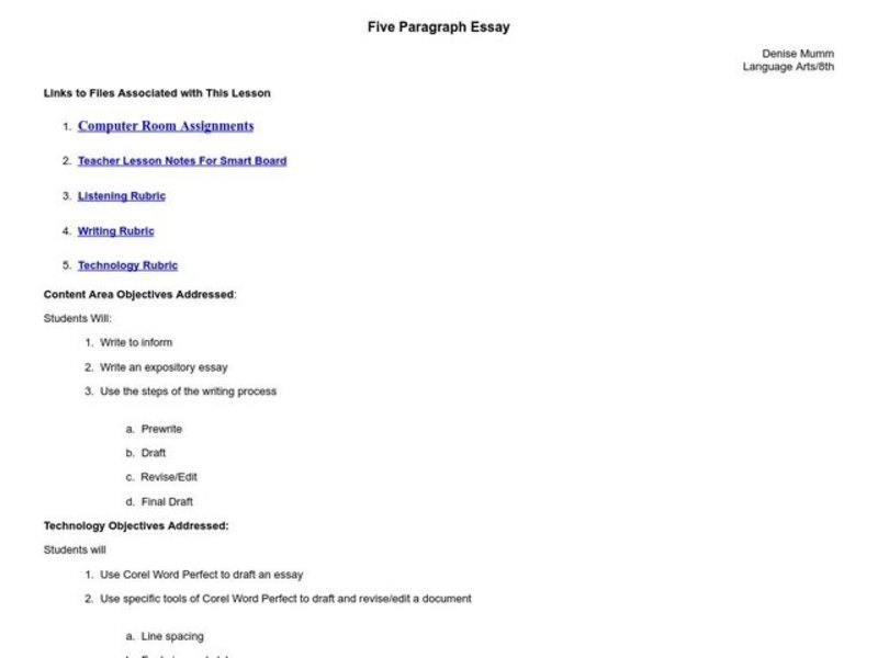 Five Paragraph Essay Lesson Plan