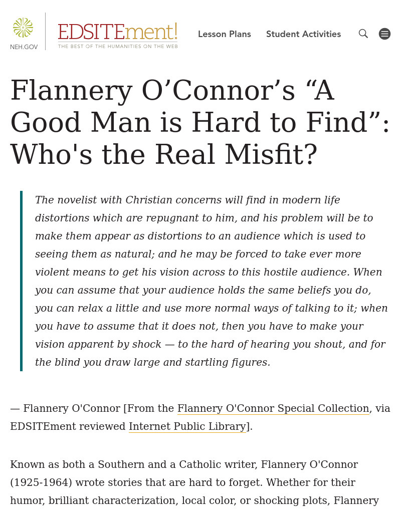 Flannery O'Connor's "A Good Man is Hard to Find": Who's the Real Misfit? Lesson Plan